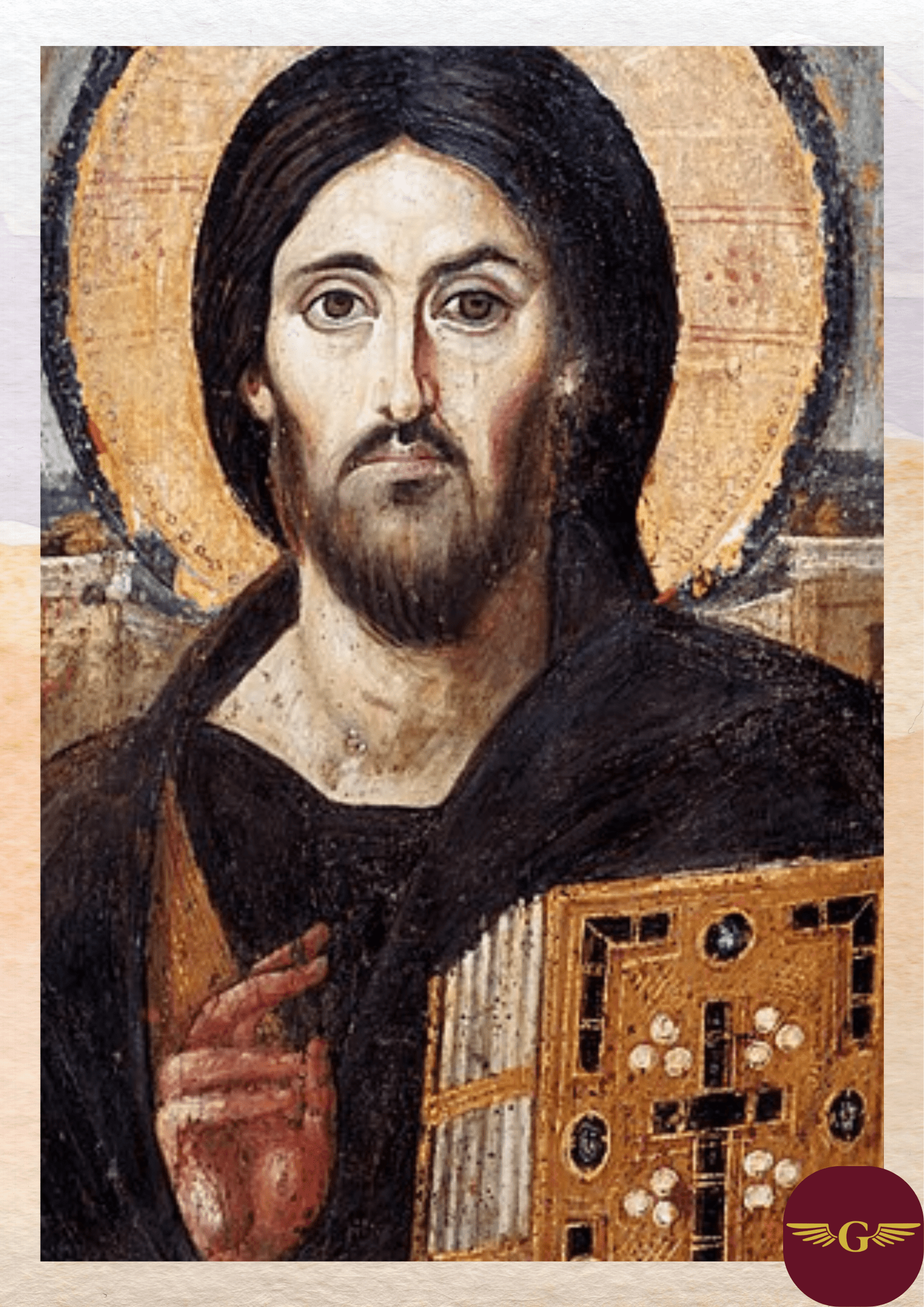 An icon depicting a solemn figure of Christ, with long hair and a beard, dressed in a dark robe with a detailed patterned garment. He holds a book in one hand and raises his other hand in a gesture of blessing, set against a golden halo.